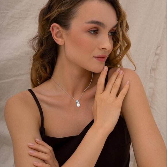 925 Sterling Silver Pearl Pendant Necklace with Baguette Birthstones for Women - Picture 2 of 5